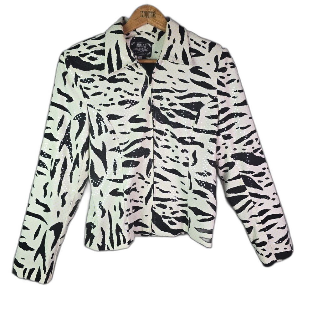 Mesmerize Blazer Black White Yellow Zebra Print S Vintage 80s Cropped Zip Front